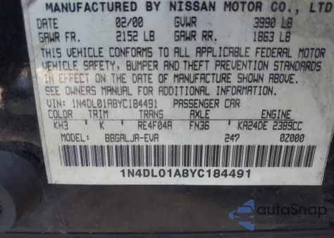 2000 Nissan Altima z USA, uszkodzony, nr VIN 1N4DL01A8YC184491